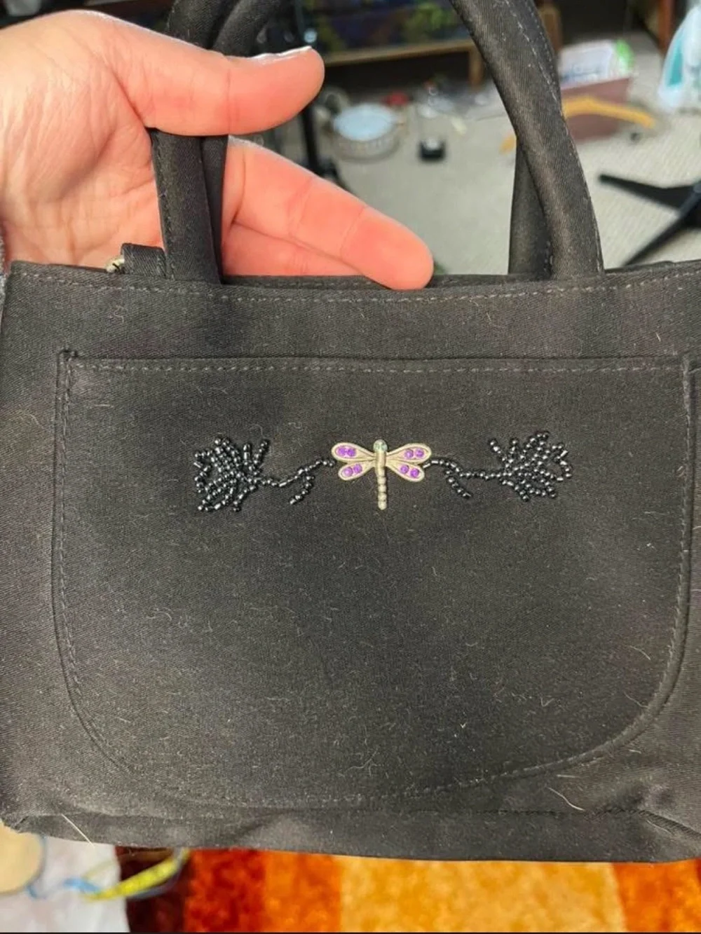 Y2K Black Women's Top-Handle Bag with beaded Dragonfly Accent